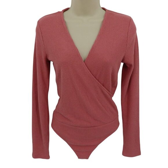Express Women Small Pink Ribbed V Neck Wrap Long Sleeve Bodysuit One Piece NEW - Picture 1 of 10